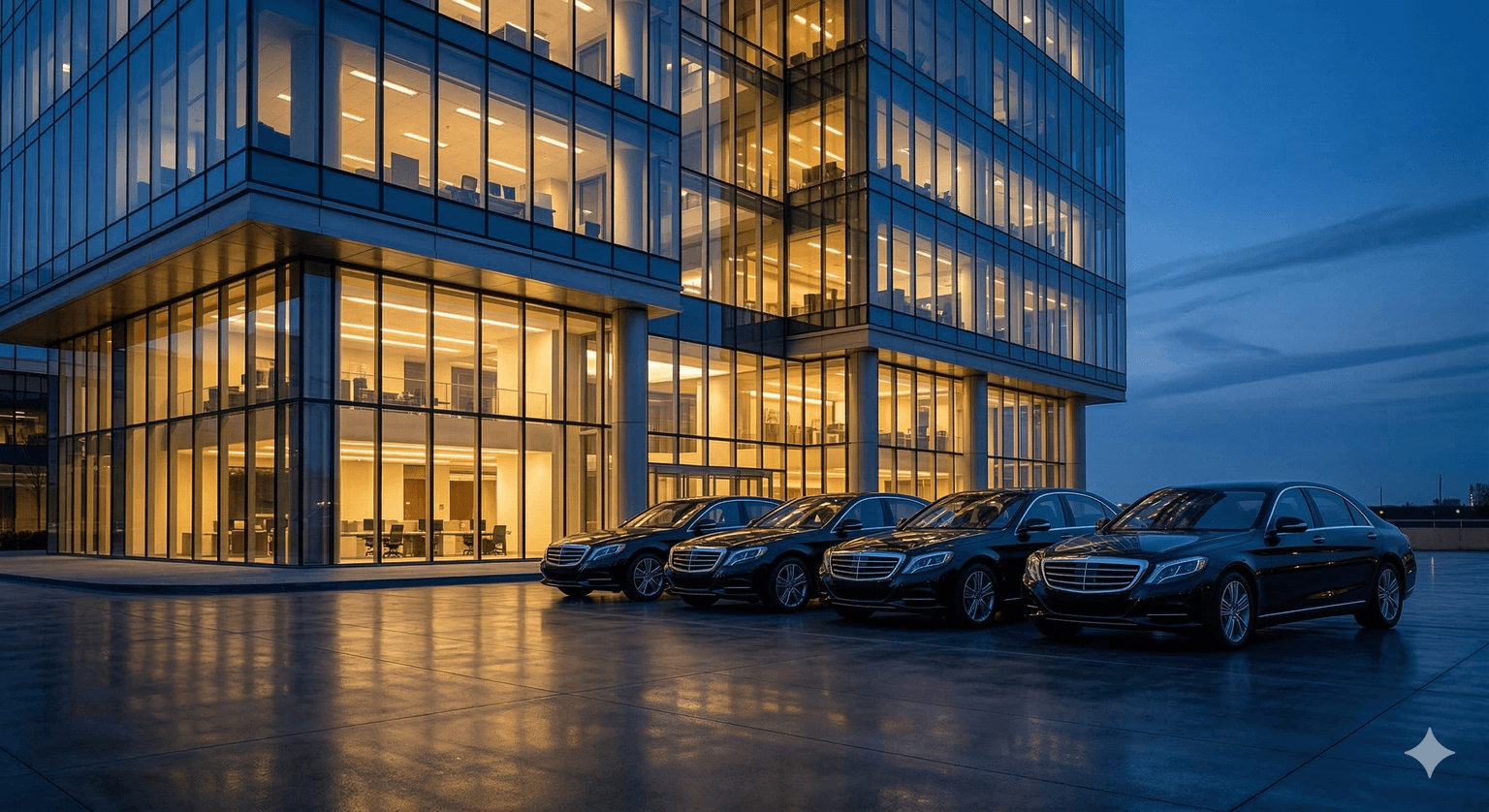 Modern ofis önünde park halinde kurumsal filo araçları